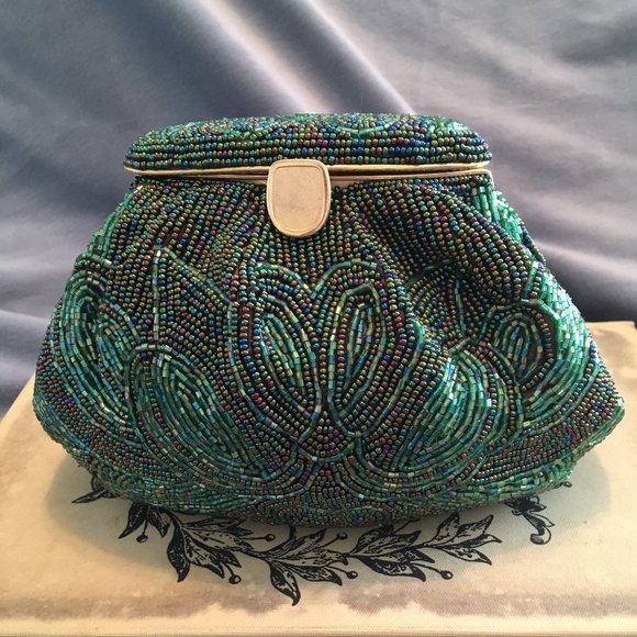 VINTAGE Green Beaded Mini Bag Shoulder Crossbody Clutch Convertible - Picture 3 of 16